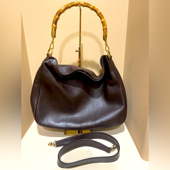 Vintage Gucci Leather Bamboo Top Handle Xl Crossbody Bag - Picture 2 of 16